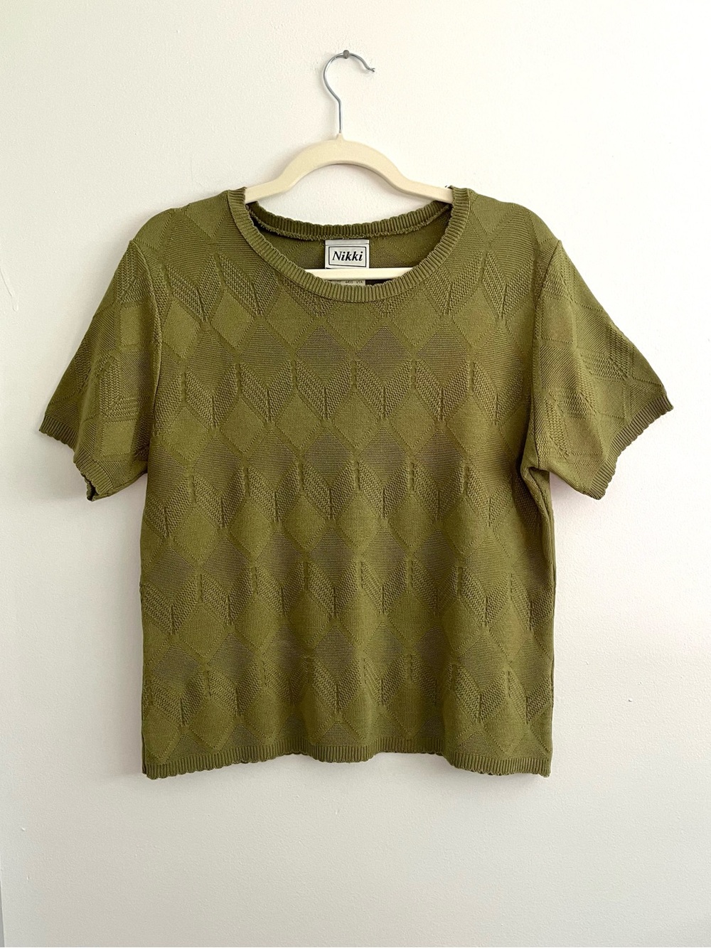 Vintage Nikki Olive Green Knit Short Sleeve Sweater Top Minimalist Cottagecore
